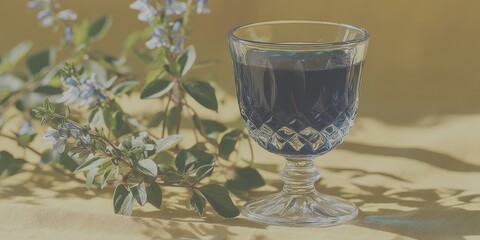 Colorful glass of dark beverage sits beside blooming flowers on yellow surface in bright natural light during afternoon - Low Contrast