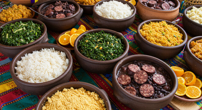 "Authentic Brazilian feijoada &mdash; a traditional black bean stew with pork, sausages, rice, collard greens, farofa, and orange slices. Captured in rustic, homemade, and restaurant settings that highlight