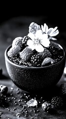 Fresh berries in a bowl adorned with mint and flowers, highlighting seasonal fruits in a stylish presentation