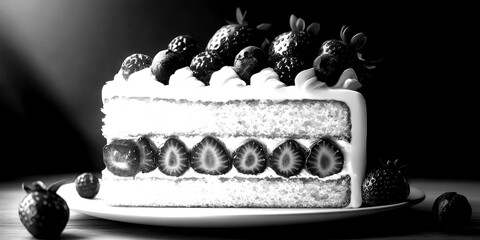 Perfectly layered cake with fresh strawberries and blueberries on a wooden table at a cozy bakery