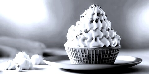 Creamy whipped dessert in a waffle cone served on a plate with a soft background