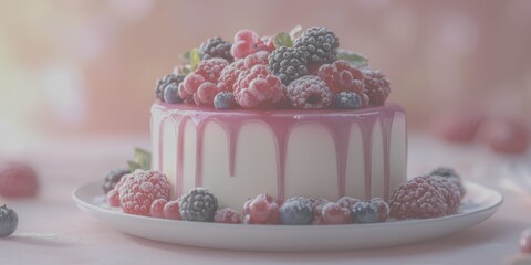 Deliciously decorated cake topped with fresh berries in a soft light setting - Low Contrast