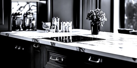 Modern kitchen with marble countertops and stylish appliances in a contemporary home interior