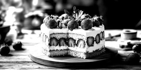 Delicious strawberry shortcake on wooden serving board surrounded by fresh strawberries and greenery
