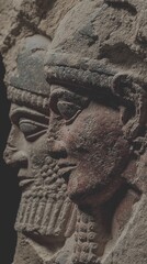 Ancient stone carvings depicting figures from a historical civilization captured in detail - Low Contrast