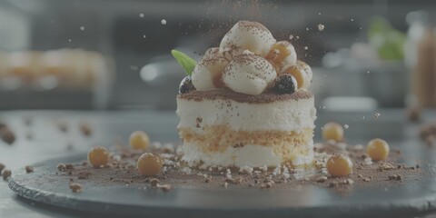 Beautifully crafted dessert with layers of cream and garnishes in a chic dessert shop's kitchen setting - Low Contrast