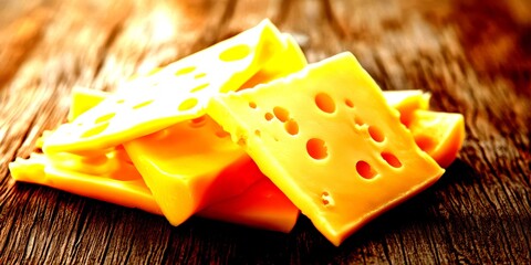 Slices of yellow cheese arranged on a wooden surface highlighting their texture and holes - High Contrast