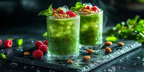 Refreshing cocktails garnished with fresh fruits and herbs served on a slate platter