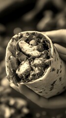 Delicious chicken wrap filled with fresh vegetables served on a kitchen countertop