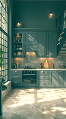 Modern kitchen interior with elegant design and natural on a sunny day