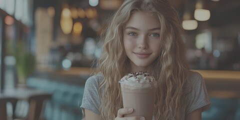 Young woman smiles while holding a delicious chocolate milkshake in a cozy cafe setting during a sunny afternoon - Low Contrast