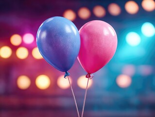 A close-up of a pink and blue balloon against a backdrop of smoke and spotlights. Card, invitation to a gender reveal party, wedding