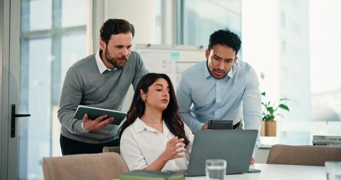 Laptop, discussion and meeting with business people in office for partnership, ngo funding and teamwork. Non profit project, application and online proposal with employees in agency for email