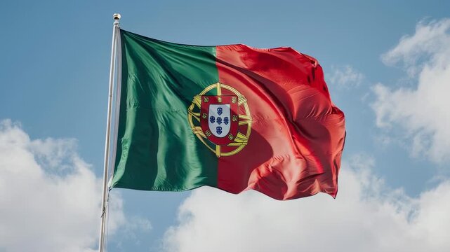 The Portuguese flag waving in the wind against a bright blue sky with scattered white clouds.