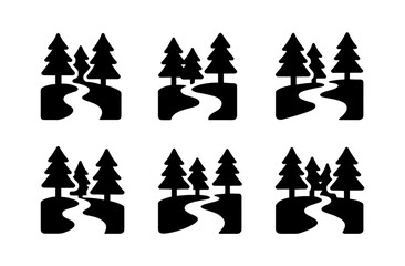 Obraz premium Minimalist forest and river icon set for nature and outdoor designs