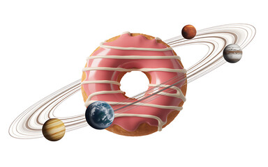 Whimsical pink frosted donut with white stripes orbits like a planet in a stylized solar system