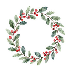 Beautiful watercolor wreath with hand drawn eucalyptus branches, leaves and red berries. Stock clipart illustration. Ready print design.
