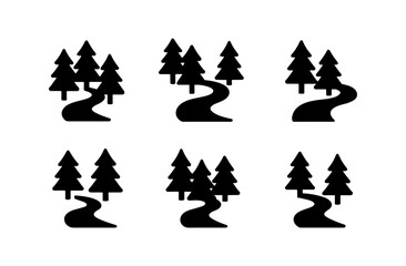 Obraz premium Simplistic forest and river icon set for nature-themed designs and prints