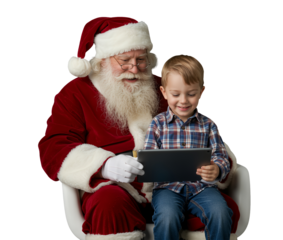 Santa Claus and Child with Tablet PNG, Modern Christmas Interaction, Isolated Transparent Background, Digital Holiday Tradition for Family, Festive Marketing, Storytelling, Technology Concepts