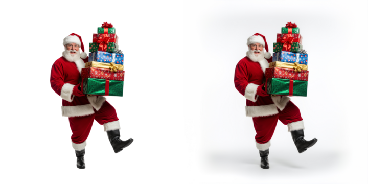 Santa Claus Carrying Stack of Colorful Christmas Presents PNG, Isolated Transparent Background, Festive Holiday Delivery, Gift Giving, Seasonal Marketing, Joyful Celebrations