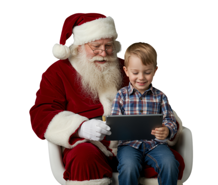 Santa Claus and Child with Tablet PNG, Modern Christmas Interaction, Isolated Transparent Background, Digital Holiday Tradition for Family, Festive Marketing, Storytelling, Technology Concepts