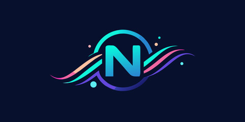 A vibrant and modern logo featuring the letter n, adorned with colorful waves and sparkling accents against a dark blue background, exuding creativity
