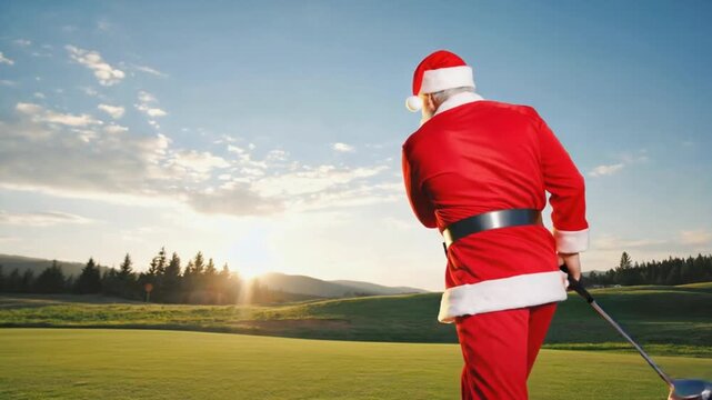 Santa Claus playing golf.