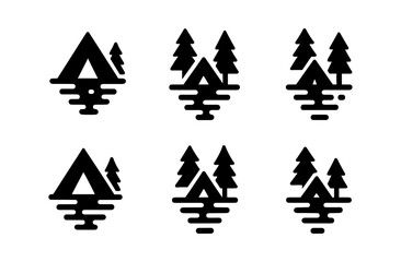 Fototapeta premium Minimalist camping icons set with tent and trees for outdoor adventure design