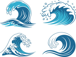 Set of blue wave vector illustrations isolated on white background, ocean and sea