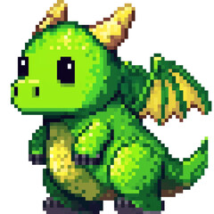 8-bit pixel art isolated PNG of a green dragon character with small wings and horns, retro fantasy game sprite, isolated on white background