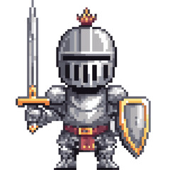 8-bit pixel art isolated PNG of a silver-armored knight holding a sword and shield, fantasy character for RPG and mobile games, isolated on white