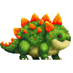 8-bit pixel art isolated PNG of a green dinosaur with orange spikes, retro style creature sprite for video games, isolated on white background
