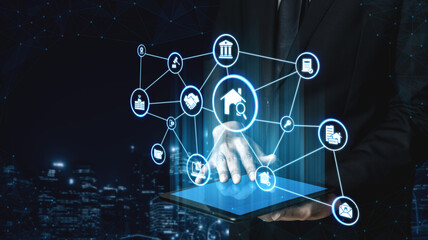 Online property search icons showing real estate rent, sale, housing, location, property management, key, contract, mortgage, home loan, and housing market. Entice