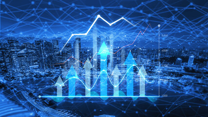 This image depicts a dynamic financial graph overlaid on an urban skyline, emphasizing data analytics and growth trends. The vibrant blue tones highlight innovation. Scalp