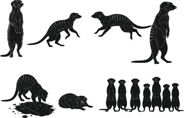 Meerkat silhouette illustration, wild animal vector, African wildlife clipart, nature art, standing meerkat, digging pose, running meerkat, group meerkats, wildlife design