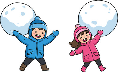 children, snowball, play, winter, fun, outdoor, activity, boy, girl, snow, cold, season, holiday, childhood, sport, teamwork, friendship, illustration, vector, design, creative, element