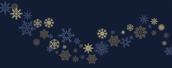 Curved garland with gold, brown and blue snowflakes on dark navy background. Elegant winter border for Christmas and New Year celebration. Festive decoration for holiday banner or greeting card. 