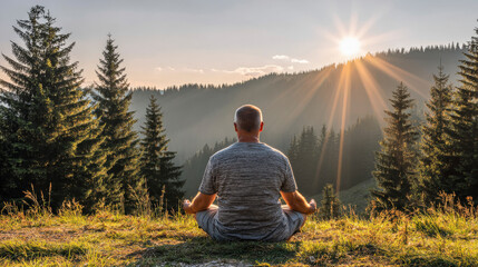 A man is sitting in the grass, looking up at the sun