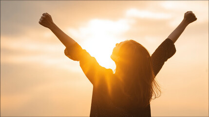 A woman is standing in the sun with her arms raised in the air