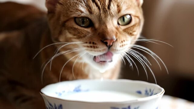 Brown striped domestic cat drinking milk from a decorated teacup. Pet animal enjoys liquid refreshment. Close up footage