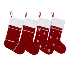 Five Red Christmas Stockings with Snowflakes – Festive, Cozy Holiday Tradition in a Row


