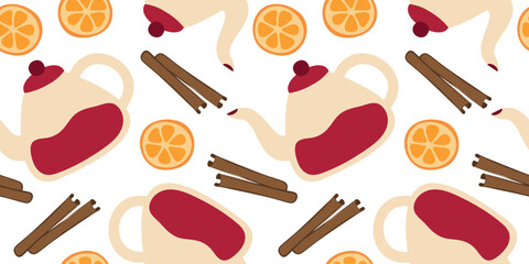 Teapot, Orange, Cinnamon sticks. Seamless Pattern, background. Tea party, round citrus slice and spice. Glass Kettle, Tea or coffee utensils. Kitchen print. Cozy home flat design. Vector illustration