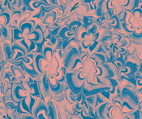 Ebru fluid flowers abstract seamless pattern in calm pink blue tones. Perfect for textile, package, packaging, posters, wall decor, wallpaper, fabric. Contemporary Liquid Art. 