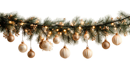 Decorative Christmas garland made of fir branches with twinkling fairy lights and baubles isolated on white background