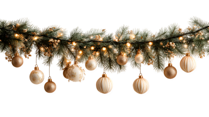 Decorative Christmas garland made of fir branches with twinkling fairy lights and baubles isolated on white background
