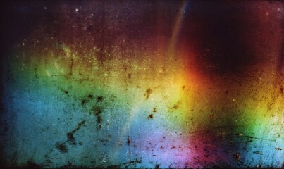 abstract blurred grunge background with rainbow light effects, grainy texture, depth of field, dark tones, vintage film photography, dust and scratches on the glass, light leaks, lomo effect.