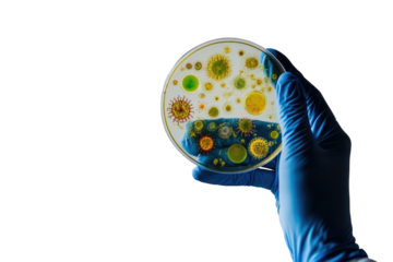 Gloved hand holding petri dish with colorful bacterial cultures