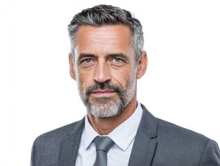 Confident middle aged business man manager entrepreneur, mature professional executive, businessman leader male investor wearing suit looking at camera isolated on white background, headshot portrait