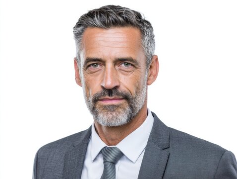 Confident middle aged business man manager entrepreneur, mature professional executive, businessman leader male investor wearing suit looking at camera isolated on white background, headshot portrait