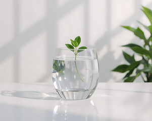 Eco Concept &ndash; Glass with Water and Green Plant Representing Sustainability